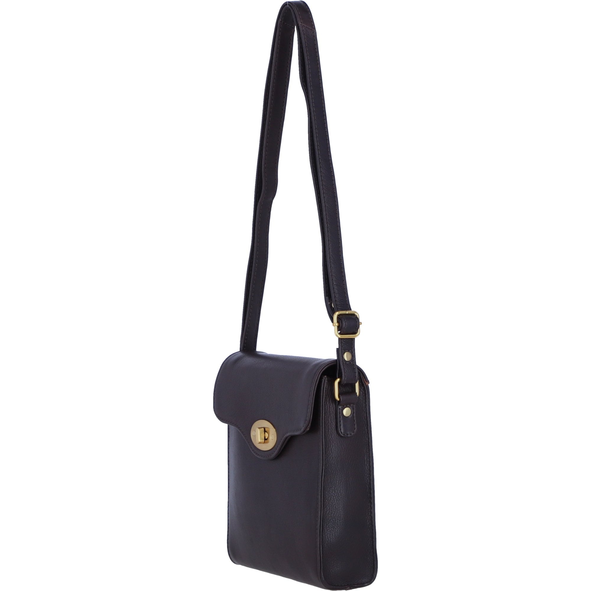 Genuine Leather Crossbody Bag with Twist Lock for Women in Brown: L-34