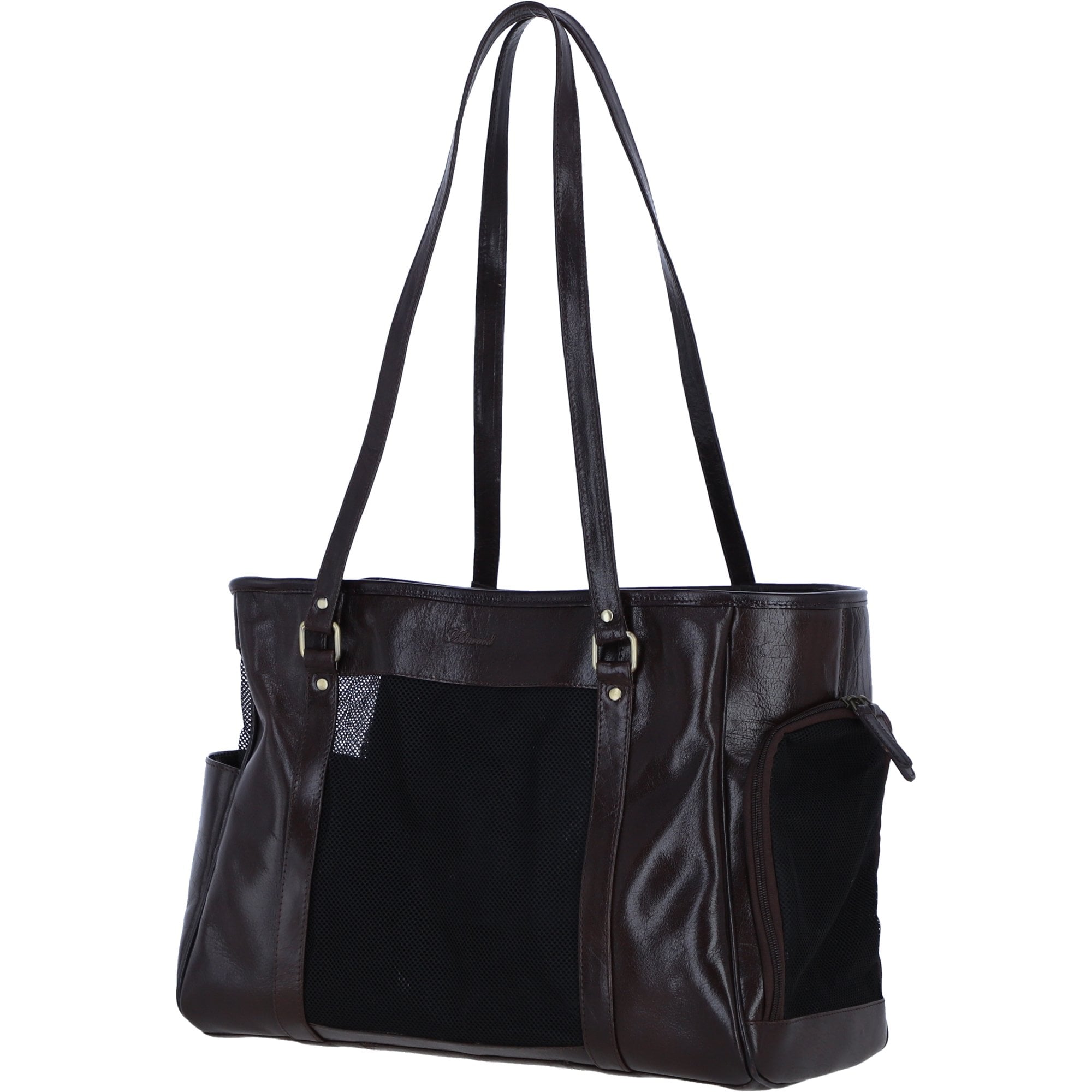 Ashwood Leather Pet Carrier Tote Bag with Mesh Panels in Brown: K9-T02