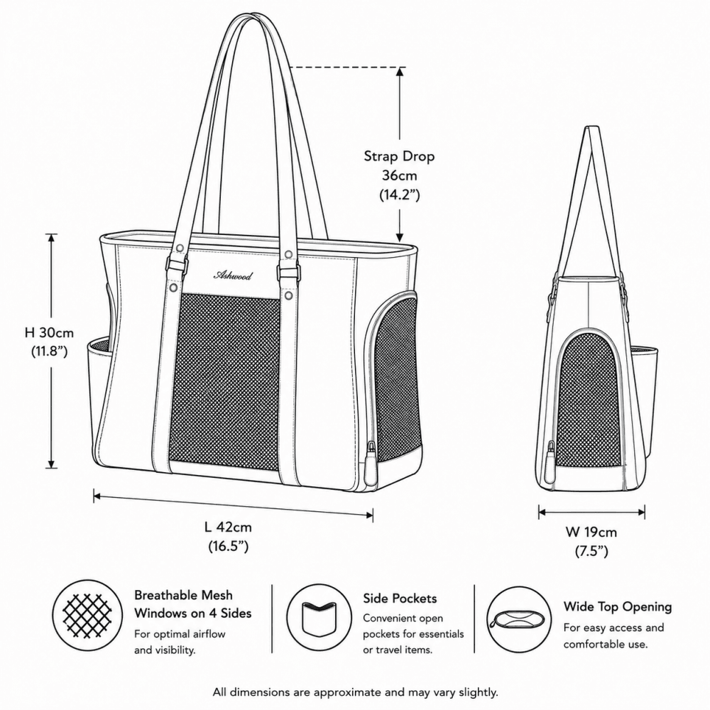 Ashwood Leather Pet Carrier Tote Bag with Mesh Panels in Brown: K9-T02