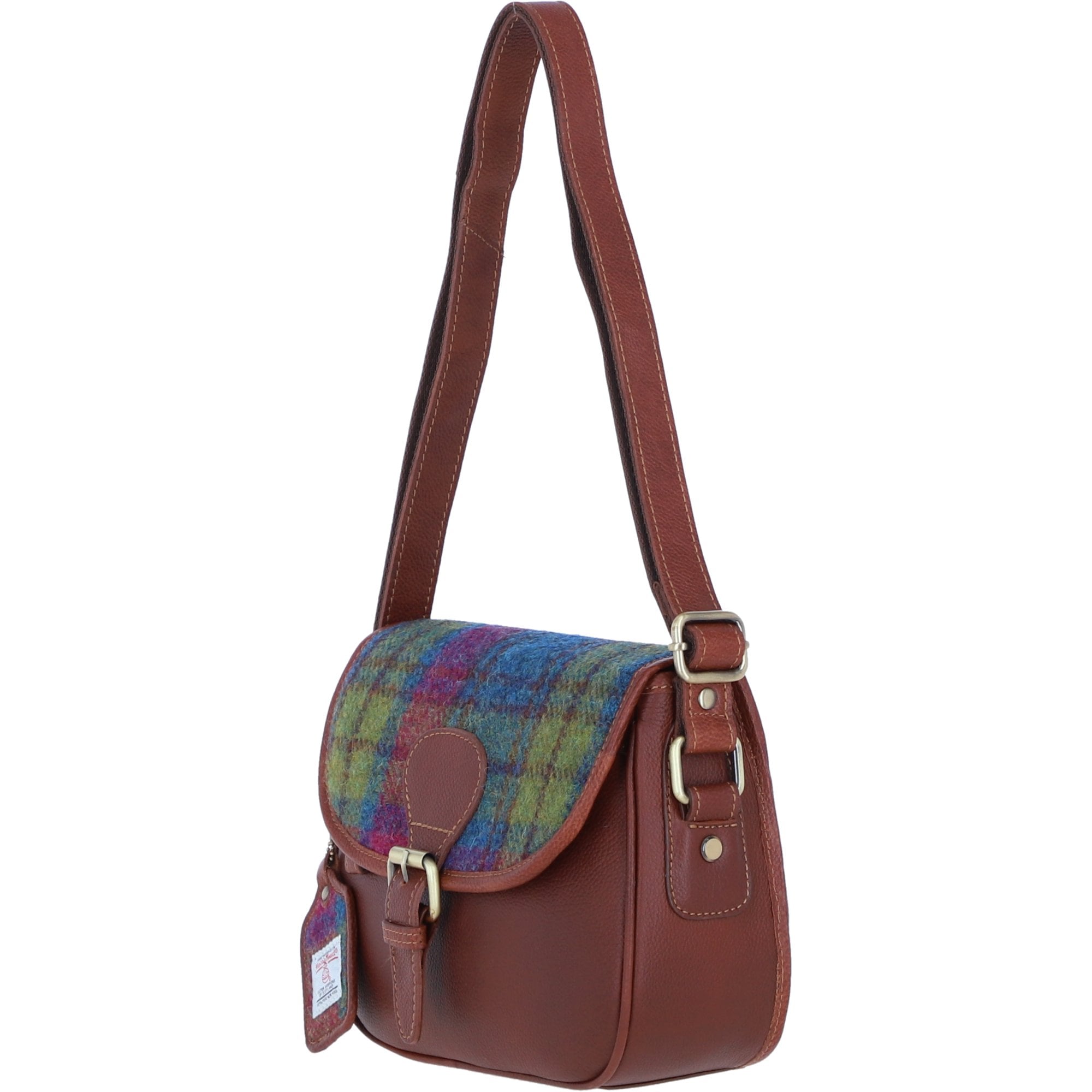 Elegant Ashwood Leather & Harris Tweed® Cloth Crossbody Bag Tan/Purple: TW-27-013-TP