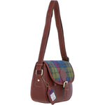Elegant Ashwood Leather & Harris Tweed® Cloth Crossbody Bag Tan/Purple: TW-27-013-TP