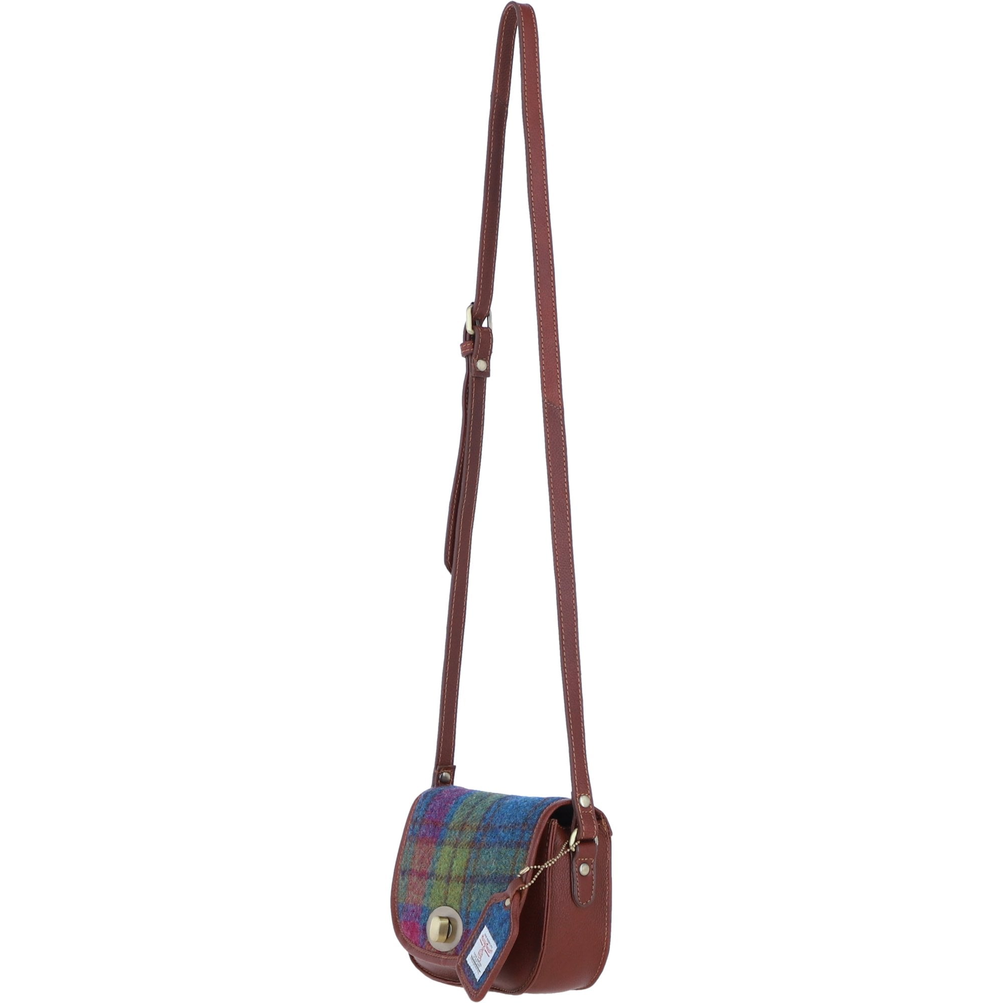 Ashwood Leather & Harris Tweed® Cloth Saddle Crossbody Bag with Twist Lock Tan/Purple: TW-30-013-TP