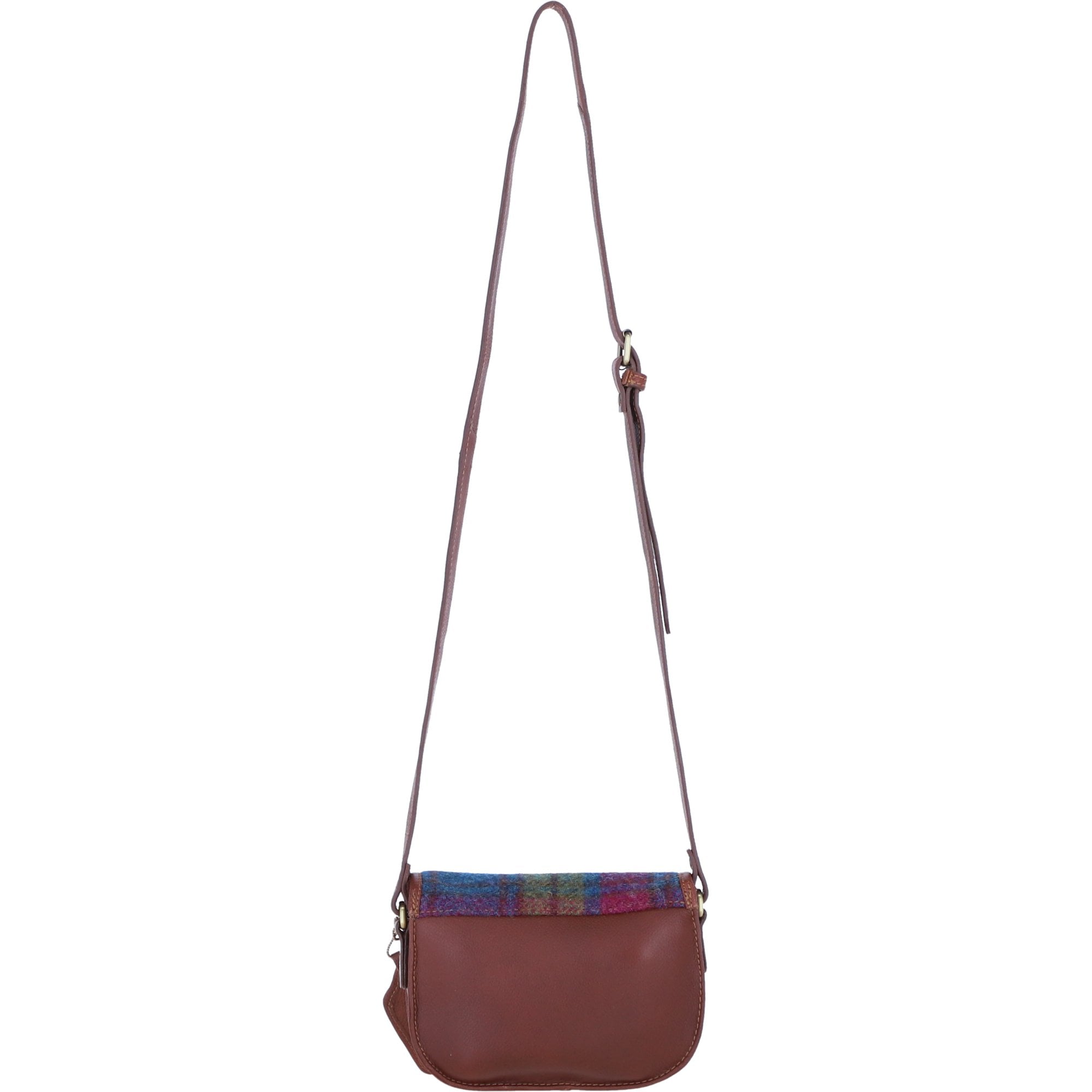 Ashwood Leather & Harris Tweed® Cloth Saddle Crossbody Bag with Twist Lock Tan/Purple: TW-30-013-TP