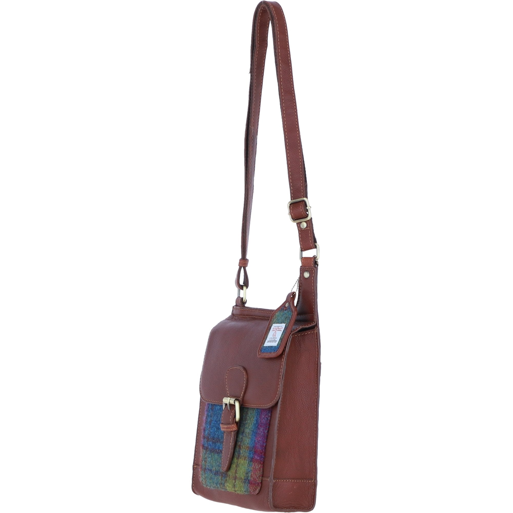 Ashwood Leather & Harris Tweed® Cloth Crossbody Bag Tan/Purple: TW-24-13-TP