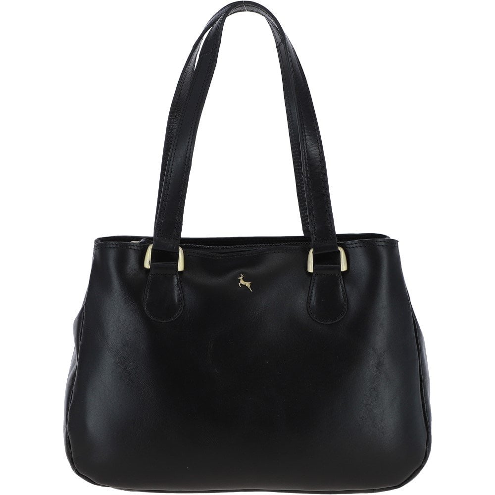 Ashwood Womens Three Section Leather Shoulder Bag Black: V-31