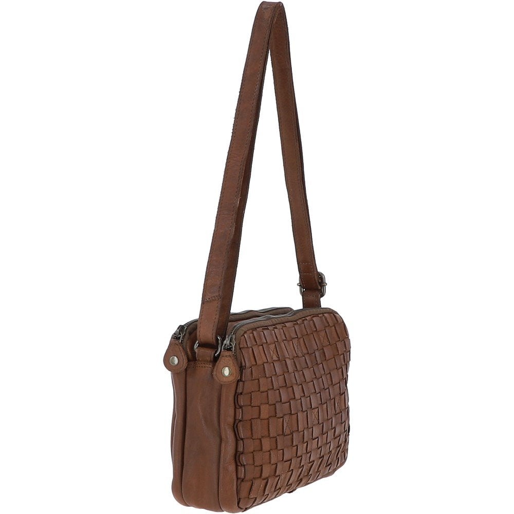 3 Section Vintage Woven Leather Shoulder Bag Taupe: D-71