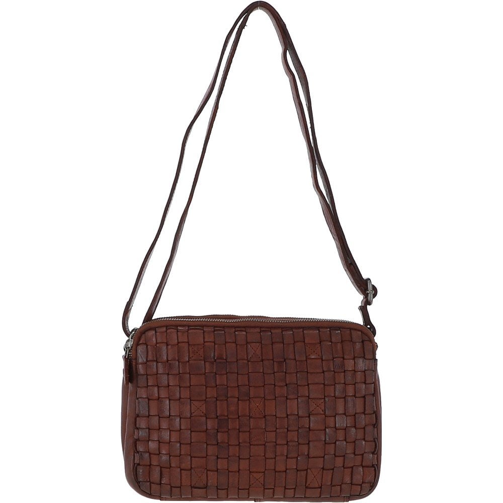 3 Section Vintage Woven Leather Shoulder Bag Cognac: D-71