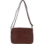3 Section Vintage Woven Leather Shoulder Bag Cognac: D-71