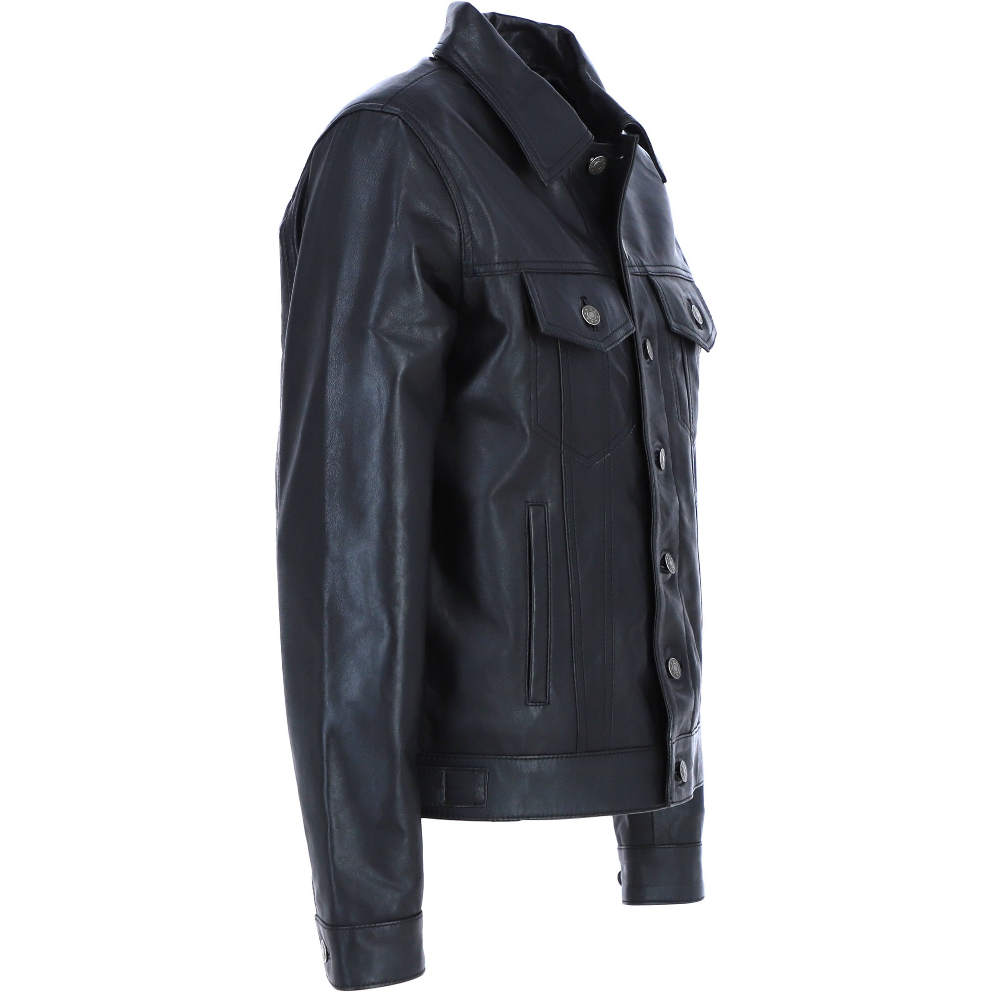 Ashwood Leather Men's Classic Denim Style Button Genuine Leather Trucker Jacket in Black: AWM-Trucker