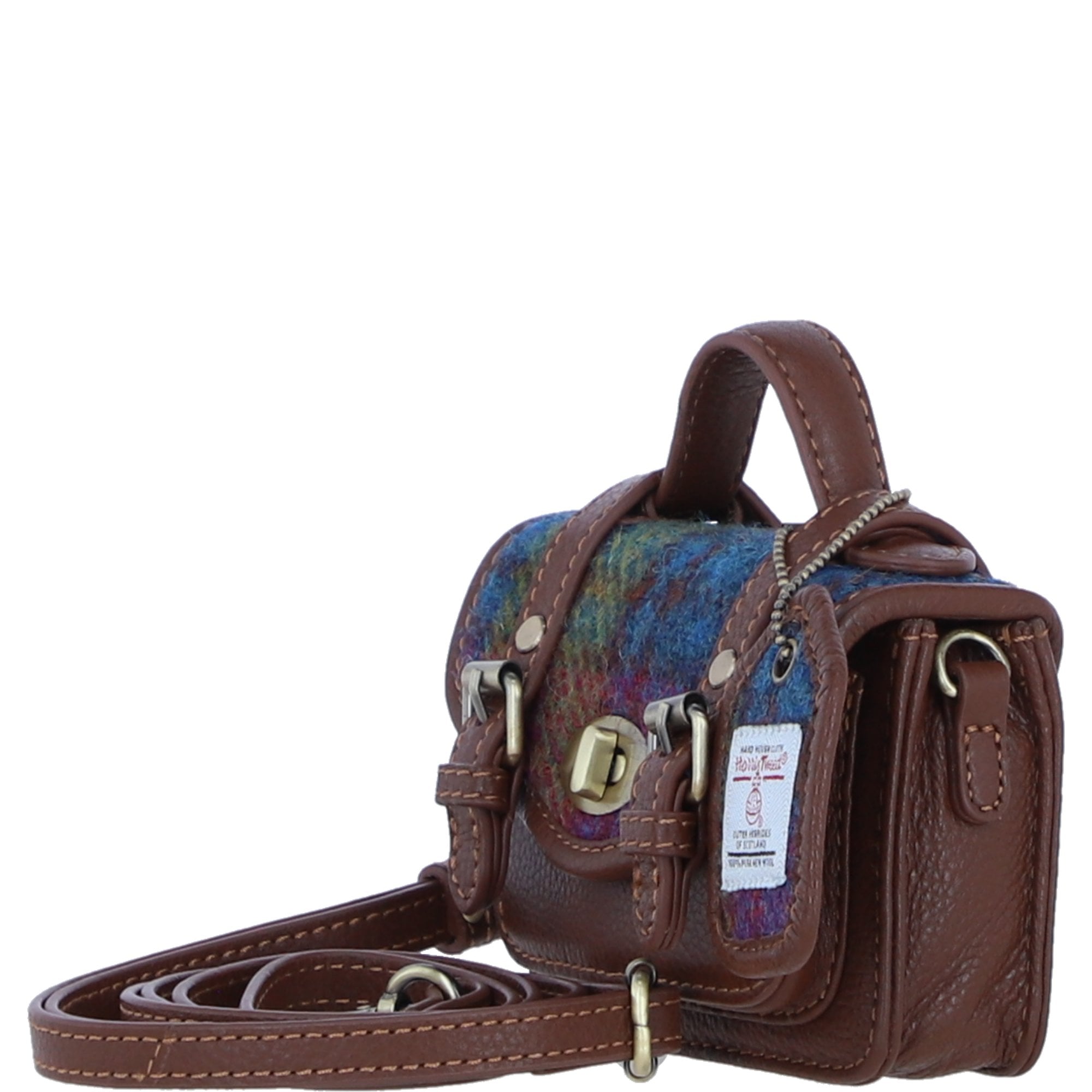 Ashwood Leather & Harris Tweed® Cloth Micro Satchel Bag with Twist Lock Tan/Purple: TW-36-13-TP