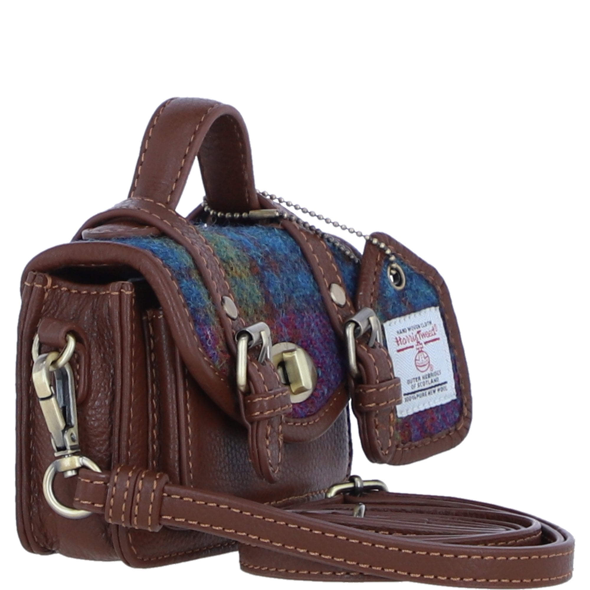 Ashwood Leather & Harris Tweed® Cloth Micro Satchel Bag with Twist Lock Tan/Purple: TW-36-13-TP