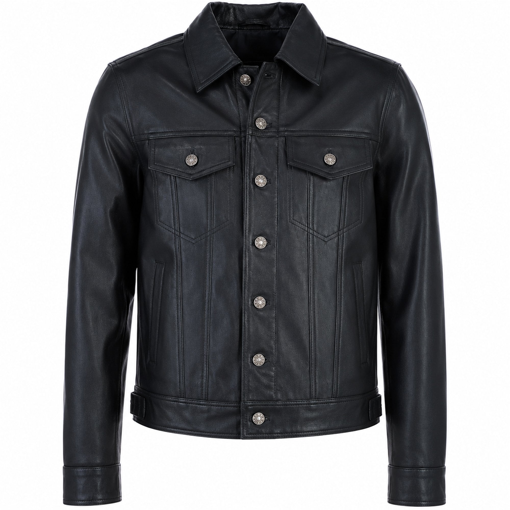 Ashwood Leather Men's Classic Denim Style Button Genuine Leather Trucker Jacket in Black: AWM-Trucker