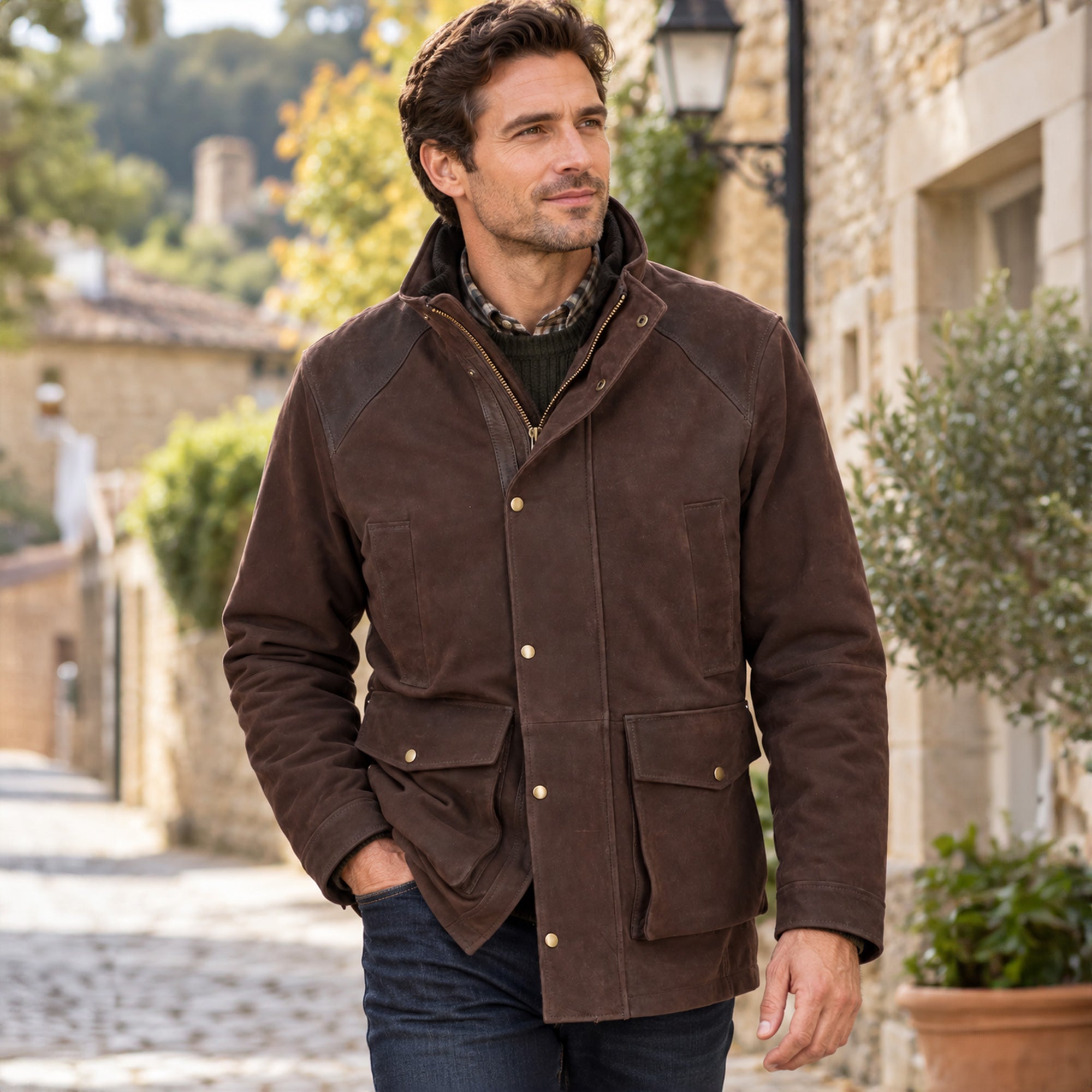 Ashwood Leather Men’s Heavyweight Nubuck Leather Jacket with Detachable Waistcoat Dk Brown: Grant
