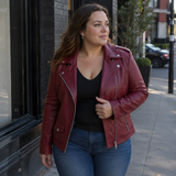 Exquisite Ashwood Leather Ladies Plus Size Biker Jacket Burgundy: AWL-1881 Plus