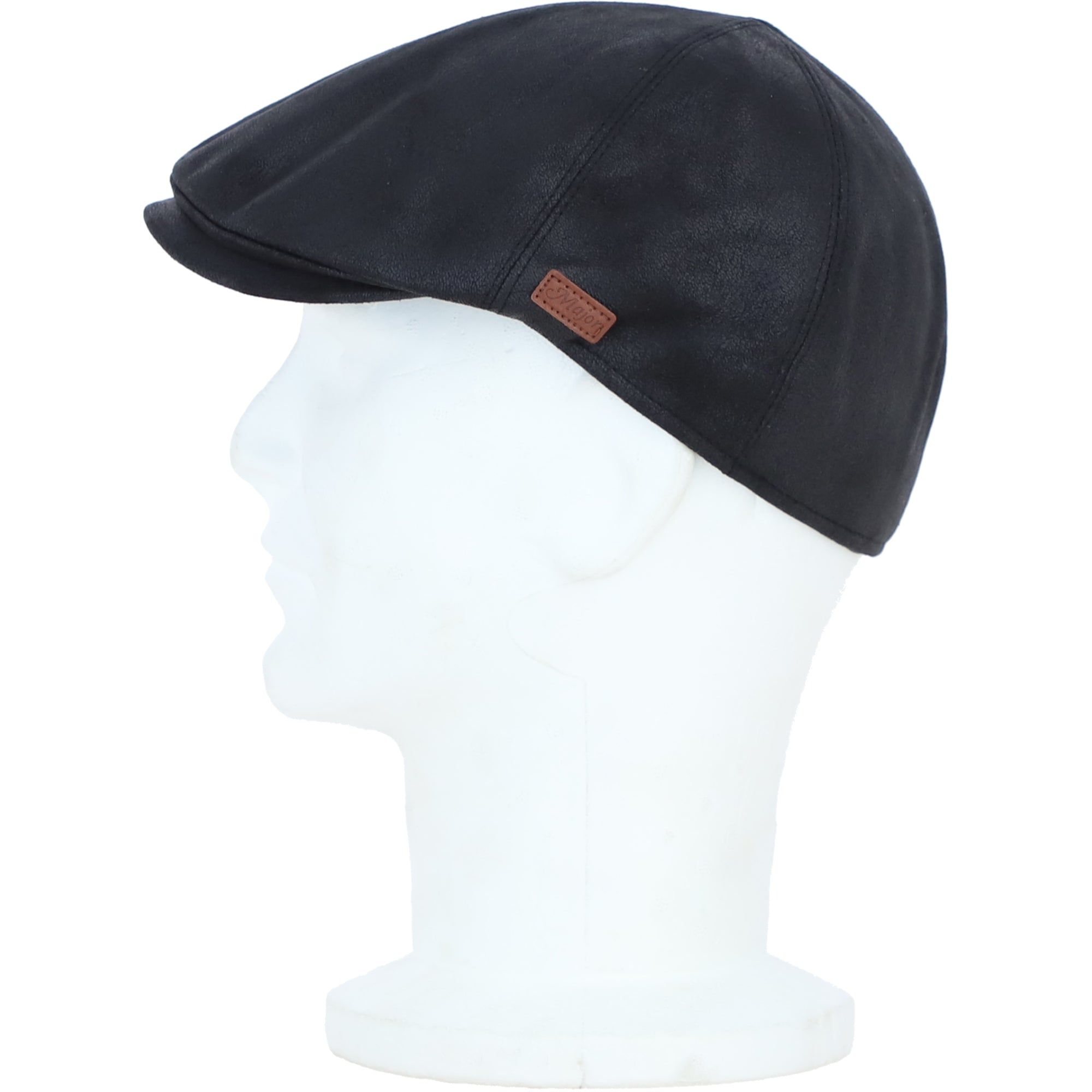 Major 6 Panel Faux Leather Flat Cap in Black: E38-390