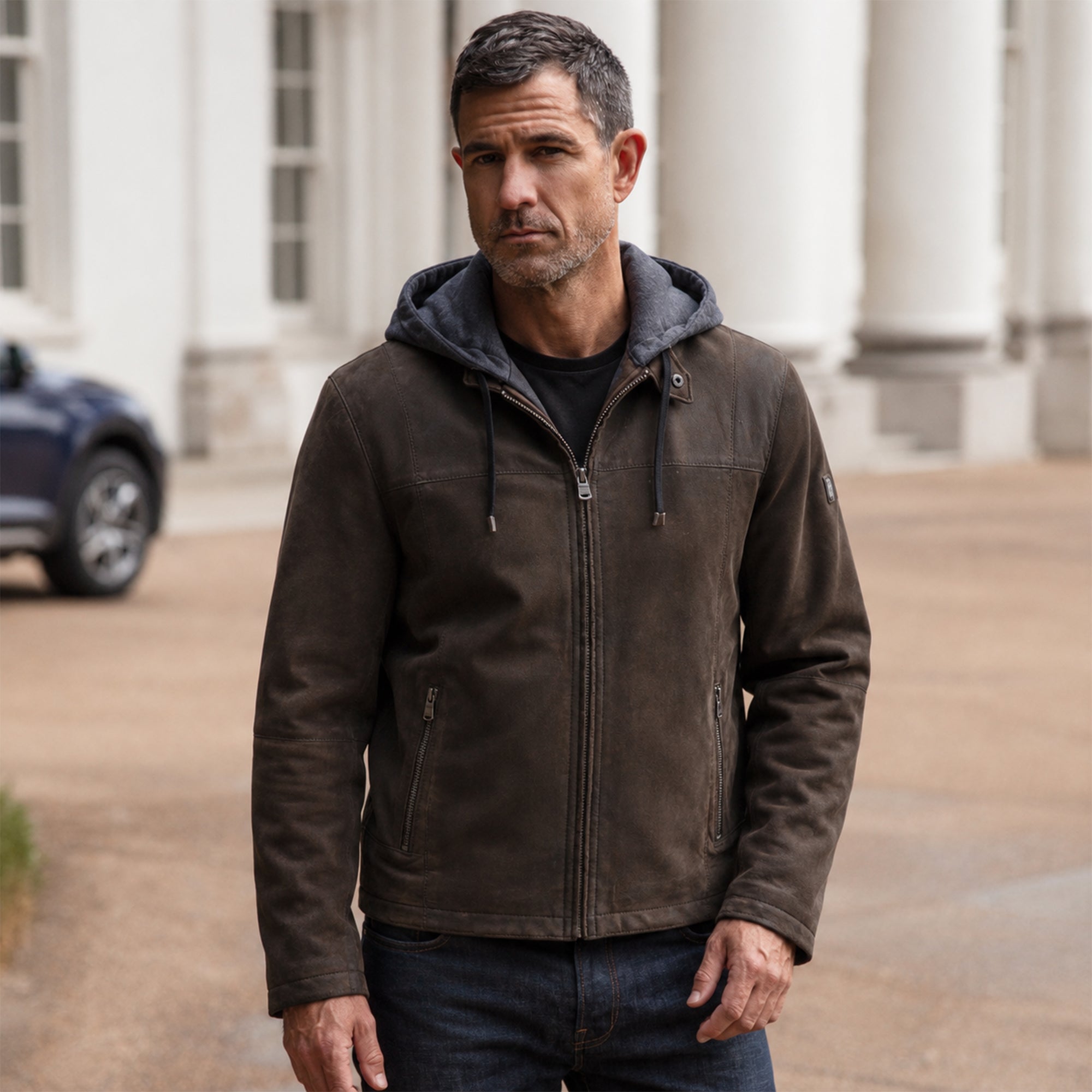 Engbers Men's Real Nubuck Casual Leather Jacket with Detachable Hood in Brown: Renaldo