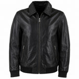 Ashwood's Genuine Leather Bomber Jacket with Collar and Leather Ribbed Trim in Black: Autograph