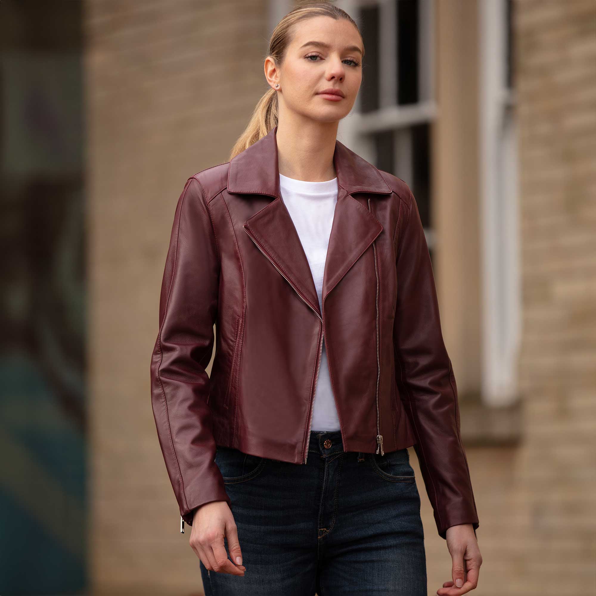 Ladies Veg Tanned Leather Plain Biker Jacket Burgandy: AWL-79