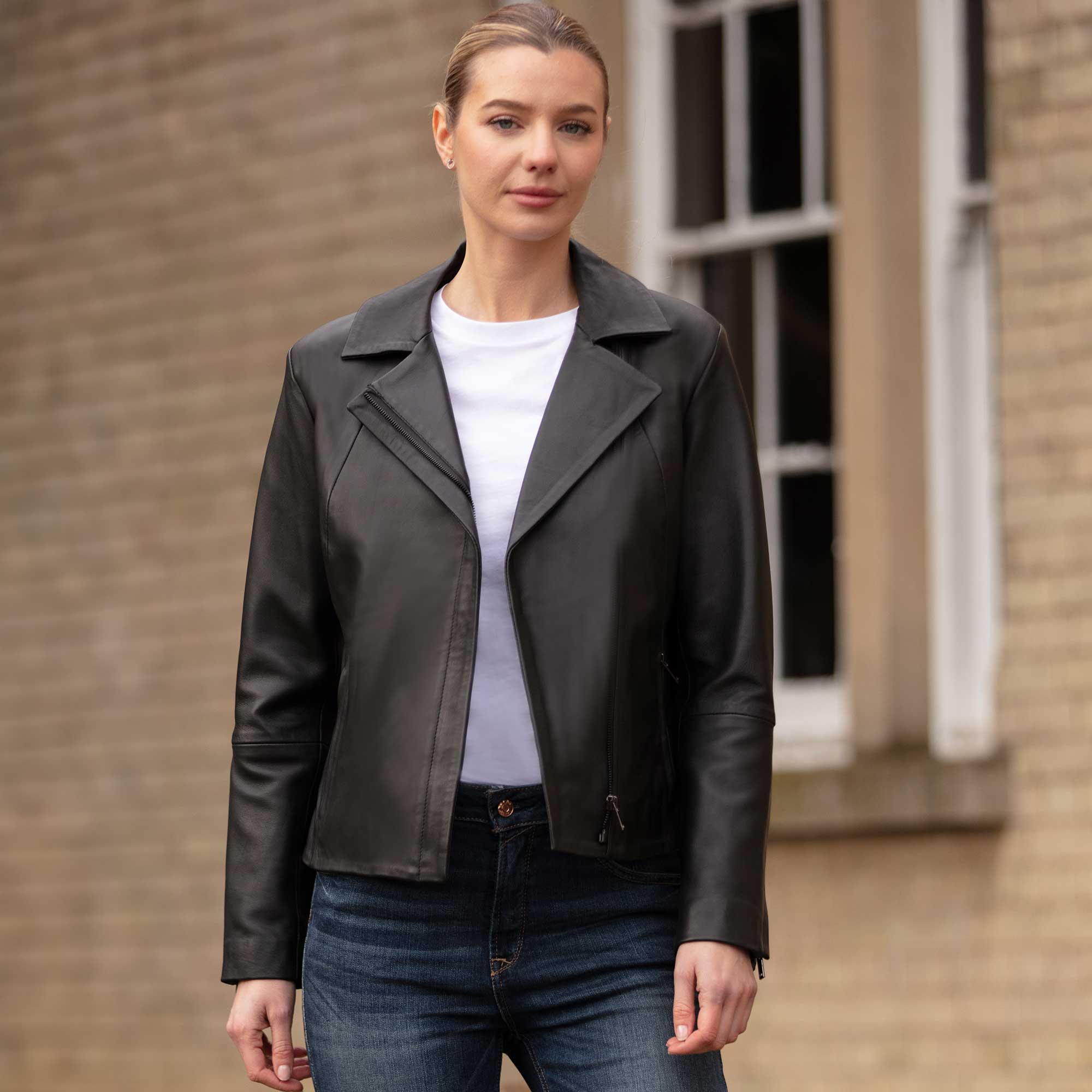Women’s Real Leather Jacket with Hidden Zips in Black: AWL-92