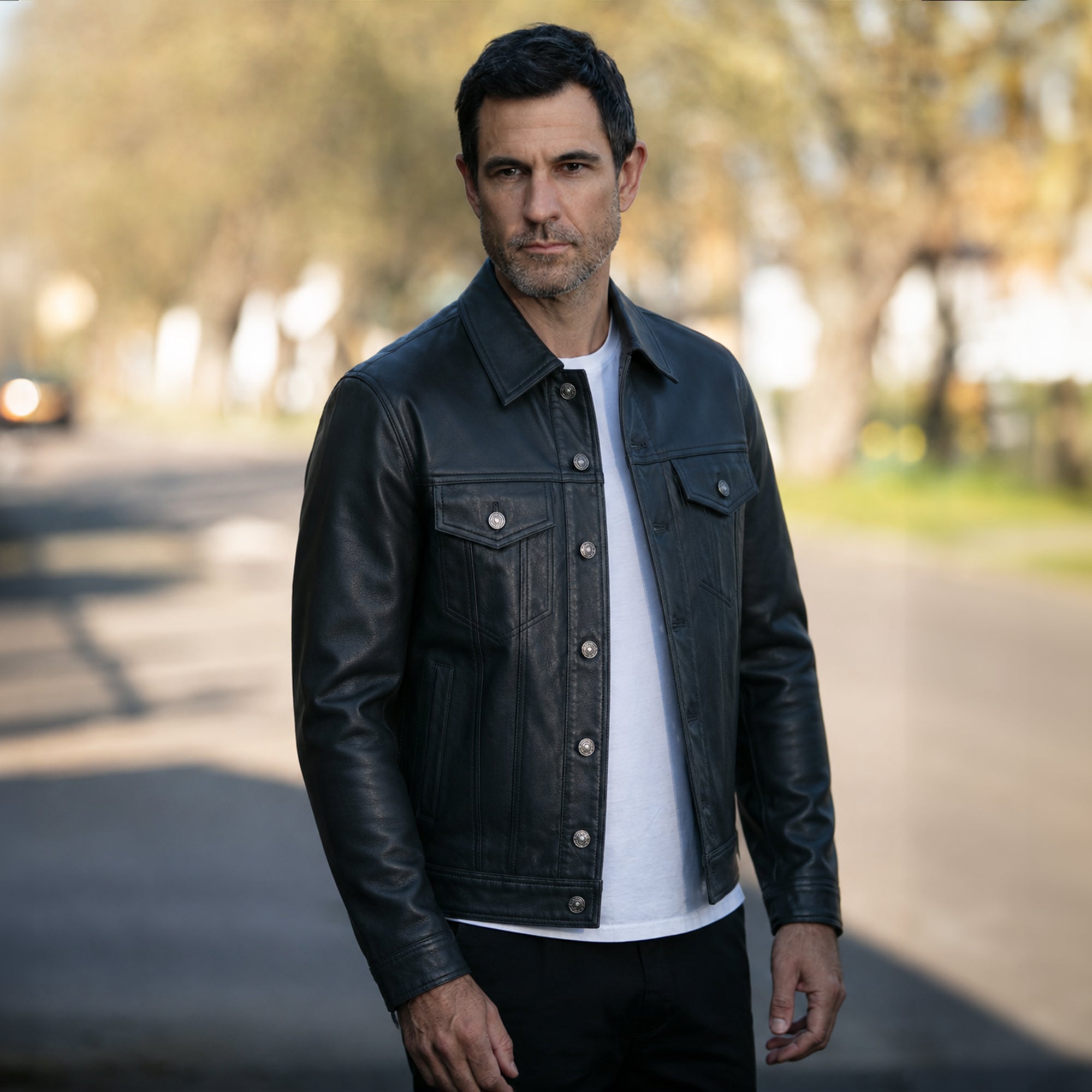 Ashwood Leather Men's Classic Denim Style Button Genuine Leather Trucker Jacket in Black: AWM-Trucker