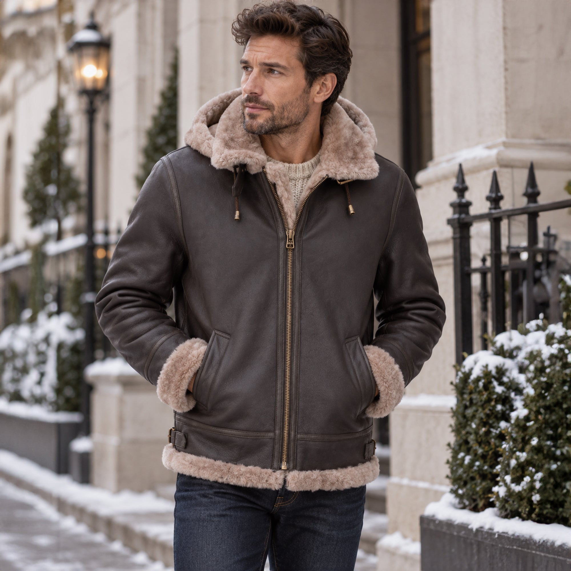 Hooded Sheepskin Flying Jacket Brown/Cream: FEN B3 HOODY