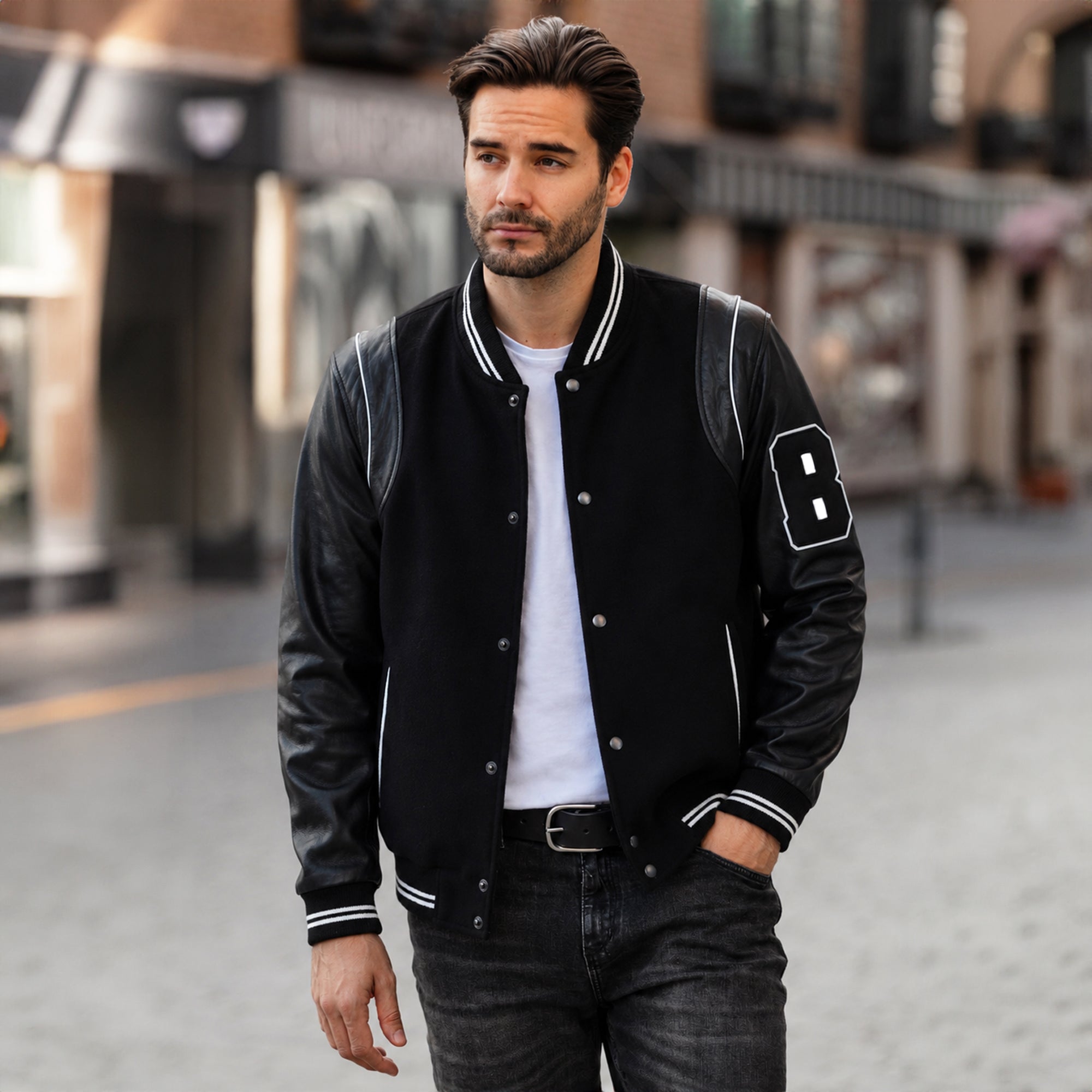 Brampton Leather Men’s Wool and Leather Bomber Jacket with Striped Collar in Black: BLM-82