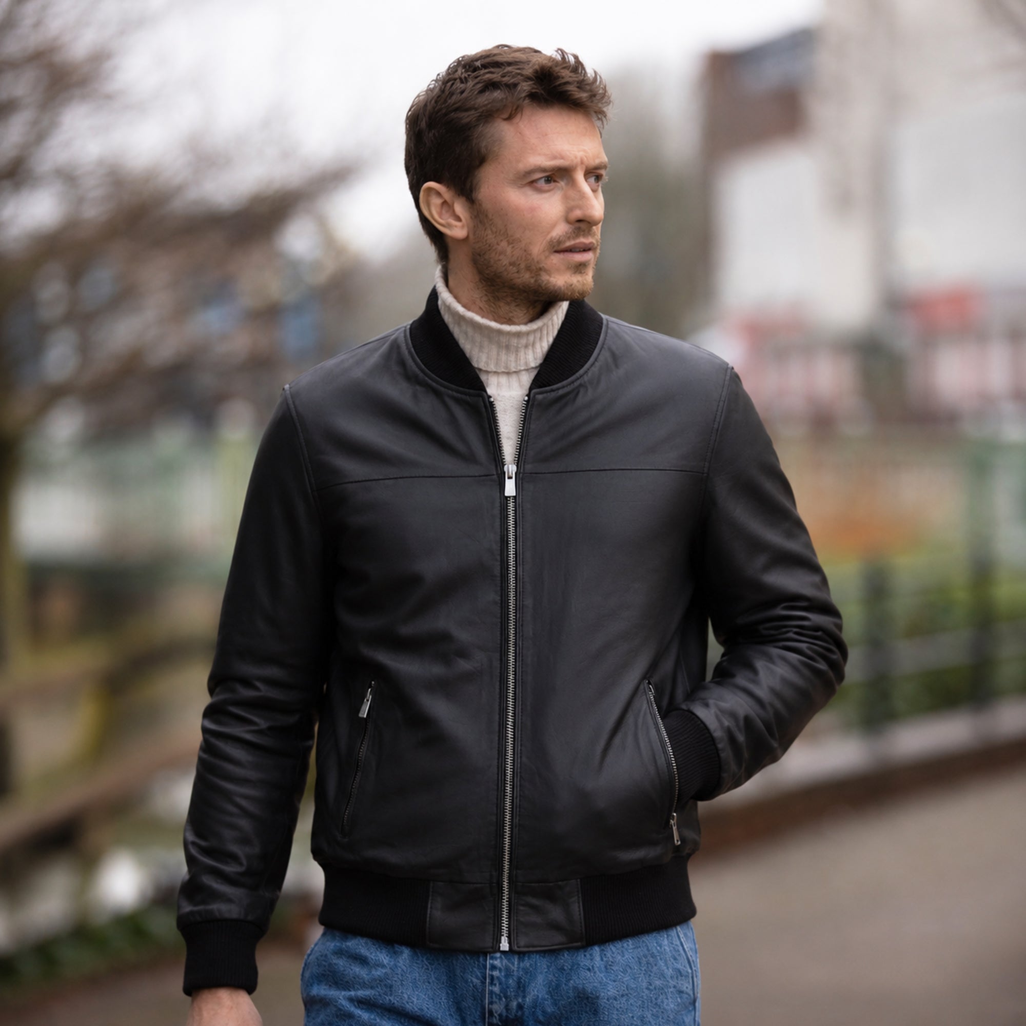 Ashwood Men’s Genuine Leather Bomber Jacket with Ribbed Trim in Black: Bomber