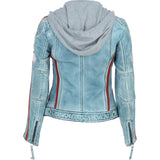 Women's Detachable Hood Leather Biker Jacket BLUE WASH: Diana