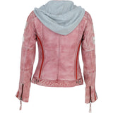 Women's Detachable Hood Leather Biker Jacket PINK WASH: Diana