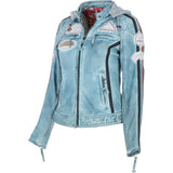 Women's Detachable Hood Leather Biker Jacket BLUE WASH: Diana