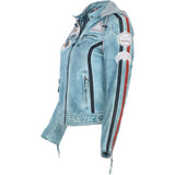 Women's Detachable Hood Leather Biker Jacket BLUE WASH: Diana