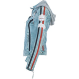 Women's Detachable Hood Leather Biker Jacket BLUE WASH: Diana