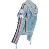 Women's Detachable Hood Leather Biker Jacket BLUE WASH: Diana