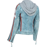 Women's Detachable Hood Leather Biker Jacket BLUE WASH: Diana