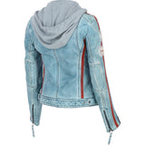 Women's Detachable Hood Leather Biker Jacket BLUE WASH: Diana