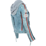 Women's Detachable Hood Leather Biker Jacket BLUE WASH: Diana