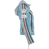 Women's Detachable Hood Leather Biker Jacket BLUE WASH: Diana