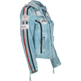 Women's Detachable Hood Leather Biker Jacket BLUE WASH: Diana