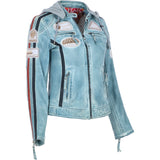 Women's Detachable Hood Leather Biker Jacket BLUE WASH: Diana