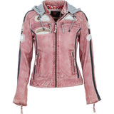 Women's Detachable Hood Leather Biker Jacket PINK WASH: Diana