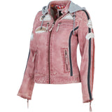 Women's Detachable Hood Leather Biker Jacket PINK WASH: Diana
