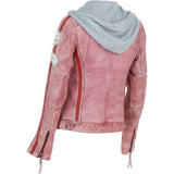 Women's Detachable Hood Leather Biker Jacket PINK WASH: Diana