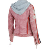 Women's Detachable Hood Leather Biker Jacket PINK WASH: Diana