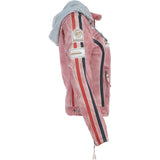 Women's Detachable Hood Leather Biker Jacket PINK WASH: Diana
