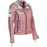 Women's Detachable Hood Leather Biker Jacket PINK WASH: Diana