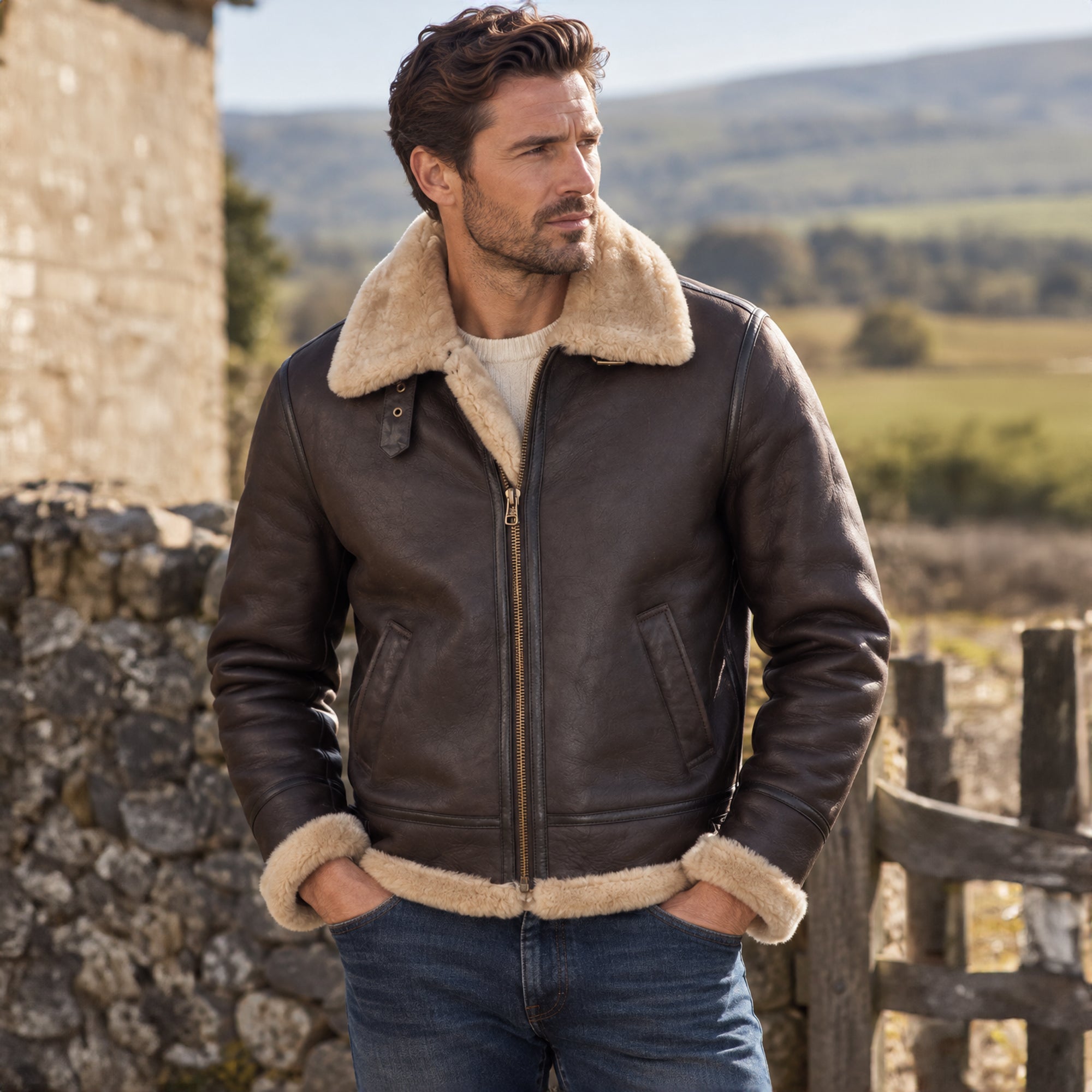 Hand Buffed  Soft Sheepskin Pilot Jacket Brown/ Cream: KE B3