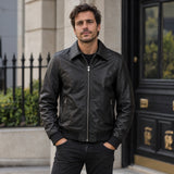 Ashwood's Genuine Leather Bomber Jacket with Collar and Leather Ribbed Trim in Black: Autograph