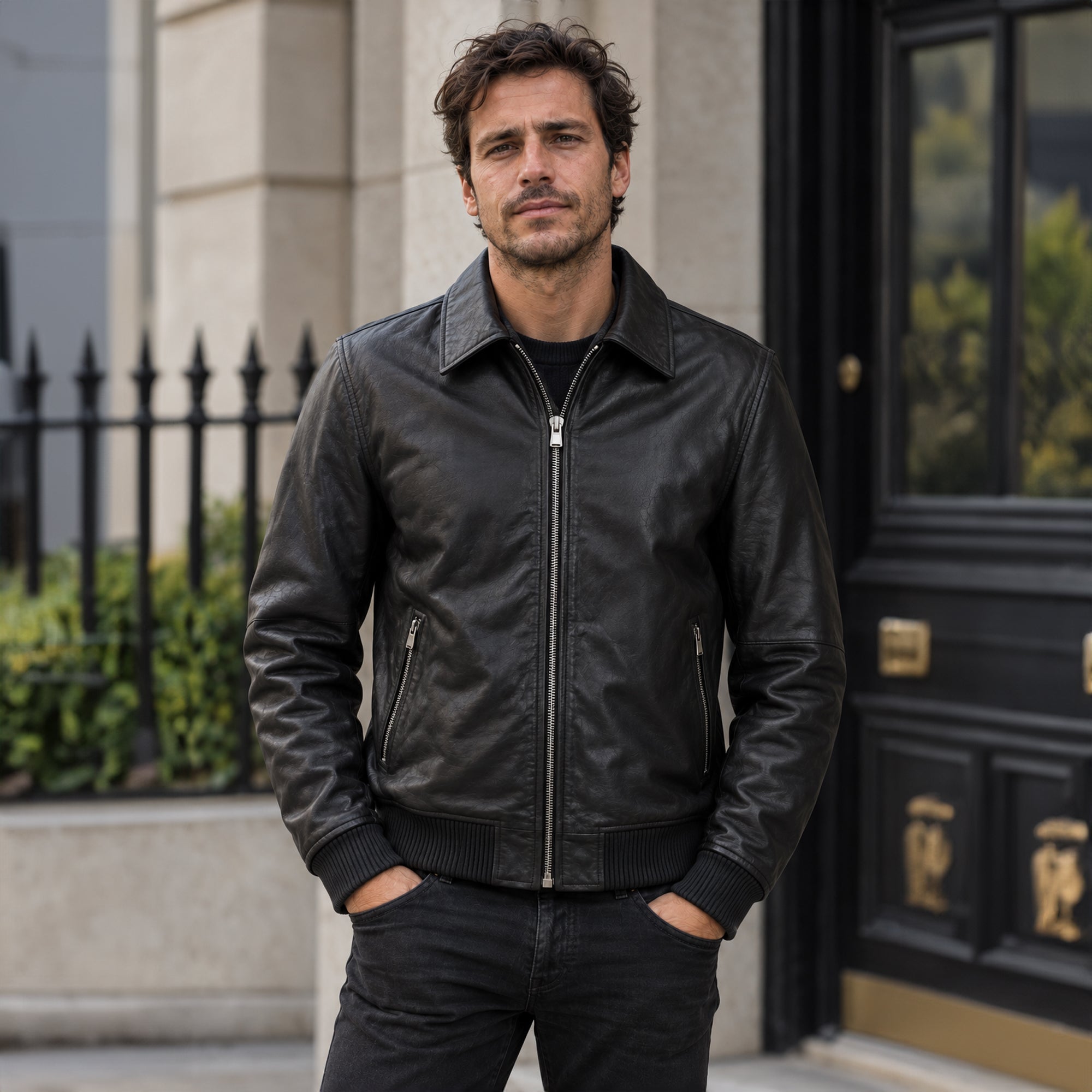 Ashwood's Genuine Leather Bomber Jacket with Collar and Leather Ribbed Trim in Black: Autograph