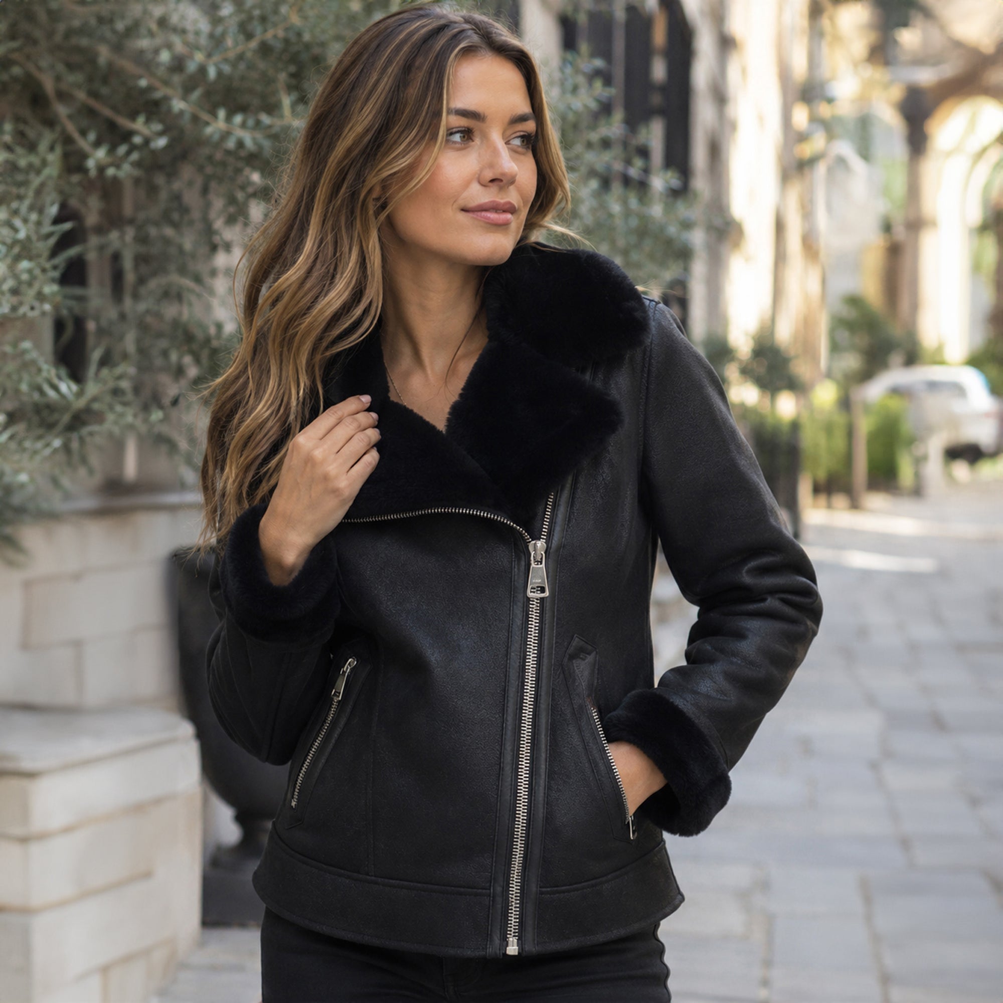 Womens Luxury Shearling Jacket Black: P-48