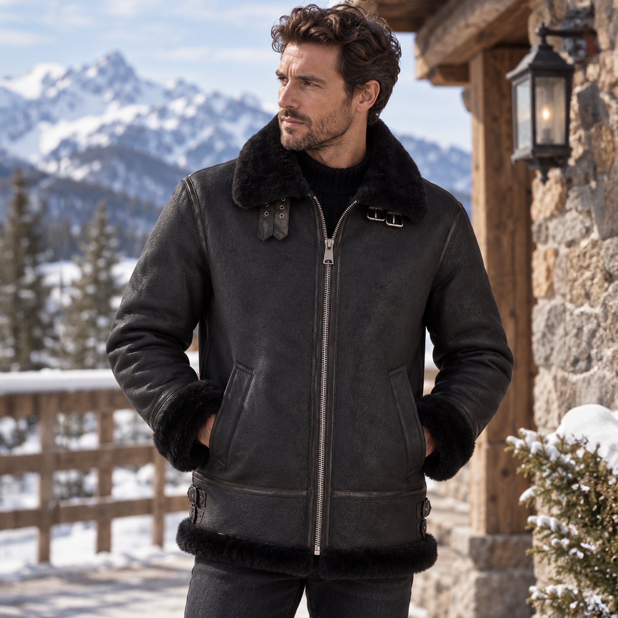 Luxury Shearling Pilot Jacket Black: MP 33